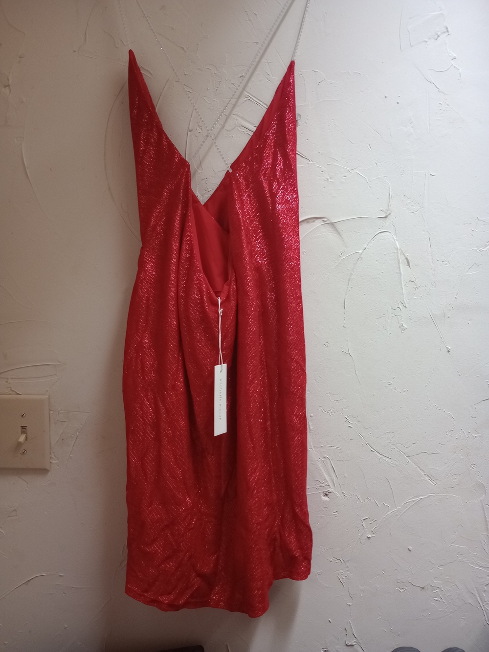 Red Sparkle Halter Mini Dress with V-Neck - Picture 3 of 8